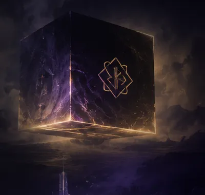 A dark cube veined with violet light, its face marked by a gold sigil, suspended above a drifting landscape.