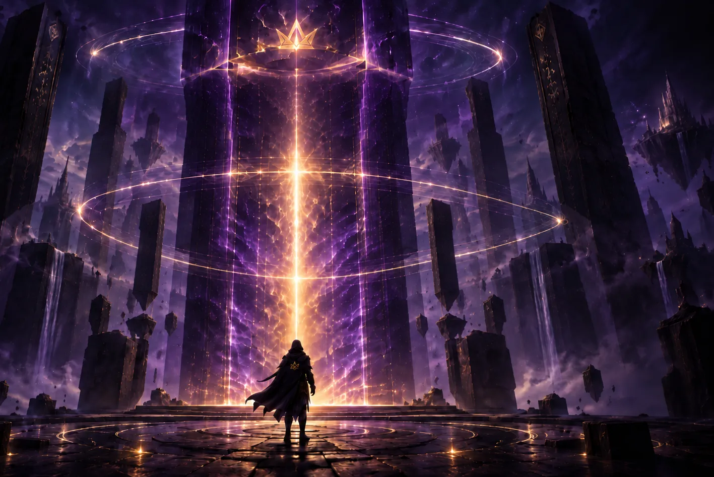 A figure alone before a vast beam of gold light rising between black towers, a crown of light turning above it.