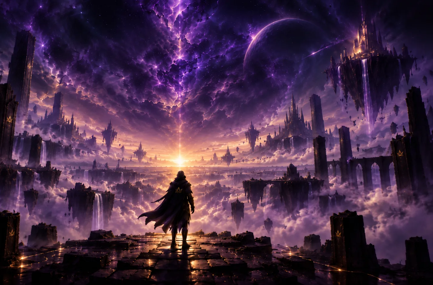 A lone figure on a stone causeway before an enormous purple world of floating architecture, a gold horizon burning at its centre.