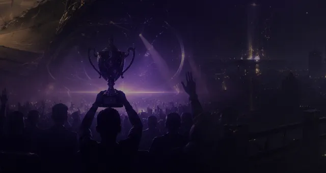 A crowd of players in silhouette beneath a purple sky, a trophy raised above them.